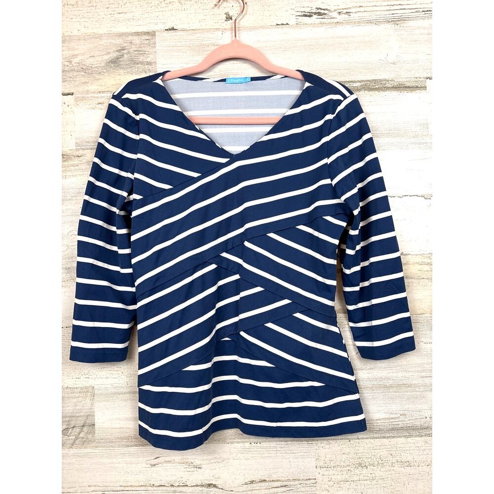 J. McLaughlin Womens M Navy White Striped Tiered Wrap V Neck 3/4 Sleeve Blouse